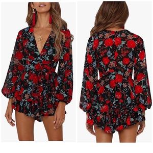 Women's Jumpsuit Floral Print V Neck Mini Dress Romper